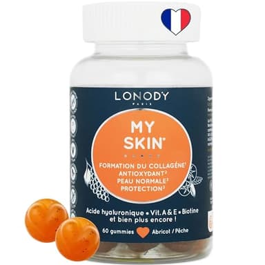 Lonody - Complement Alimentaire Peau, Booster Collagene, Acide Hyaluronique, Anti Rides, Antioxydant, Visage - Gummies Belle Peau Vitamine C, Zinc Lycopene Fruits, Sans Sucre Vegan, France - 1 mois