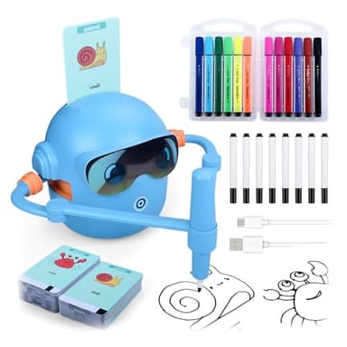 Robot de Dessin pour Enfants par MMOBIEL – Pictobot Jouet Éducatif Interactif avec 100 Cartes de Dessin, Guide Vocal, 12 Feutres Colorés & Batterie USB-C – Cadeau pour Filles, Garçons 3 à 9 Ans – Bleu