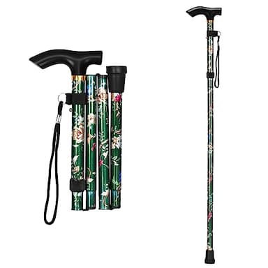 supregear Canne Pliante, Hauteur Réglable à 5 Niveaux Canne de Marche Légère Portable Bâtons de Voyage avec Dragonne et Poignée en T pour Personnes Âgées Handicapées Hommes Femmes, Floral Vert