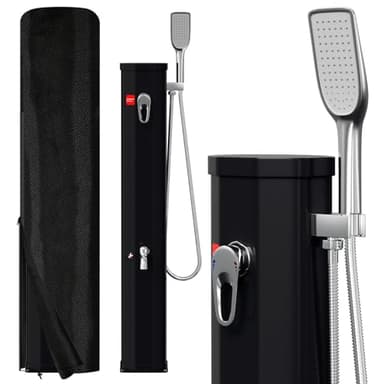 Joparri Douche solaire 20 L, eau chaude jusqu'à 60°C sans électricité, demi-colonne avec pomme de douche, capot de protection et drainage, avec robinet, douche solaire pour jardin, piscine et camping