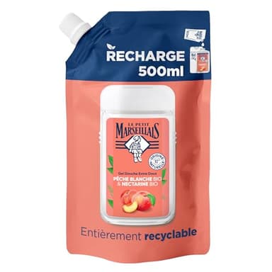 Le Petit Marseillais | Recharge Gel Douche Extra Doux Pêche Blanche Bio & Nectarine Bio (écopack de 500 ml) – 92% d'ingrédients d'origine naturelle – pH neutre pour la peau et sans colorant