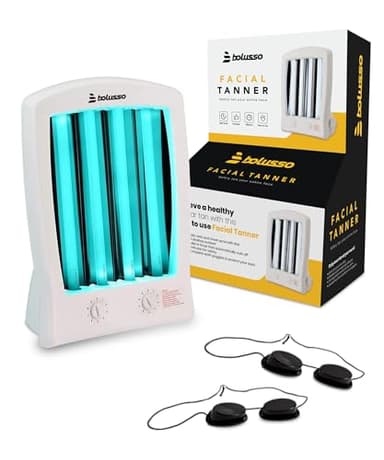 Bolusso Lampe de bronzage pour le visage à 4 tubes – Minuterie et fonction mémoire Lampe de bronzage UV avec réglage de l'inclinaison et 2 lunettes de protection