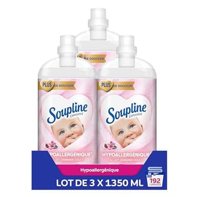 SOUPLINE Adoucissant Linge Hypoallergénique Concentré Senteur Amande Douce, Assouplissant Linge Formule Améliorée pour Plus de Douceur*, Assouplissant Textile Liquide, Soupline Lot de 3x1,35L