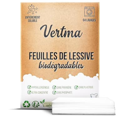 Vertma-Lessive en Feuille Biodégradable-64 Lavages-Lessive ecologique-100% Hydrosoluble-Lessive pour bebe-Hypoallergénique-Sans Plastique-Pour Blanc et Couleur-Lessive main voyage-Fraîcheur intense