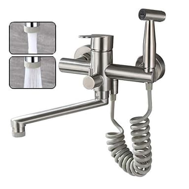 Robinet De Cuisine Montage Mural Tréfilage En Acier Inoxydable 304 De Qualité Alimentaire Avec Pistolet Et 2 Types De Jet D'eau évier Mitigeur Mural Pivotant à 360° Robinetterie (Nickel brossé)