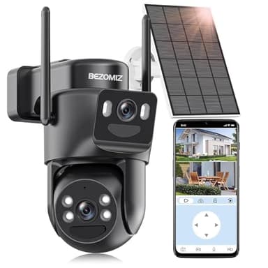 BEZOMIZ 4K Caméra Surveillance WiFi Extérieure à Double Objectif,2.4G/5GHz Caméra 2-in-1,Détection Humaine avec Panneau Solaire,Suivi Automatique,Vision Nocturne Couleur,Étanche