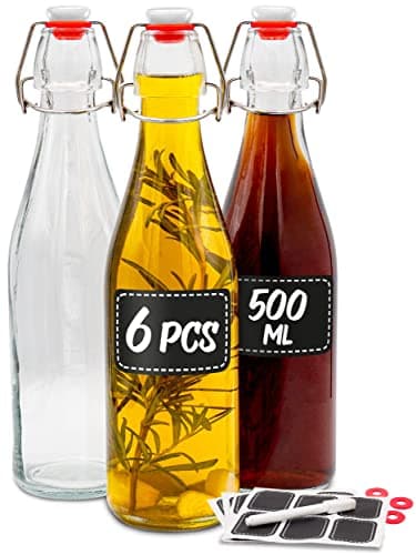 6 Bouteille en Verre 500ml avec Bouchon Mécanique - Bouteille en Verre avec Bouchon - 12 Étiquettes et Stylo - Bouteille Vide Verre pour Infusion D'Huile D'Olive, Jus, Vinaigre, Bière ou Eau Gazeuse