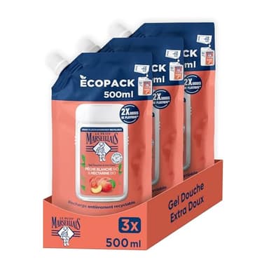 Le Petit Marseillais | Recharge Gel Douche Extra Doux Pêche Blanche Bio & Nectarine Bio (écopack de 500 ml) – 92% d'ingrédients d'origine naturelle – pH neutre pour la peau et sans colorant (Lot de 3)