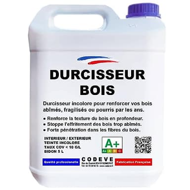Durcisseur Bois - Codeve Bois - 5L - Intérieur/extérieur - Pour Le Durcissement D'un Bois Vermoulu, Friable, Ramolli Ou Pourri.