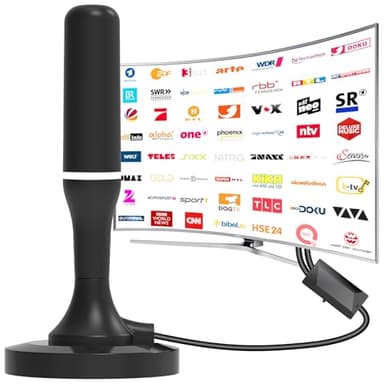 Antenne TV Intérieur Puissante TNT, 2025 Antenne TNT avec Amplificateur de Signal à Gain Élevé, Réception Longue Portée à 360° pour 1080P 4K DVB-T DVB-T2 VHF UHF