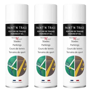 Tech'N'Fast PAINT'N TRACE : Peinture de traçage de lignes de parkings, terrains de sport et marquage de sécurité -Lot de 3 bombes peinture blanche de traçage 500ml (blanc)