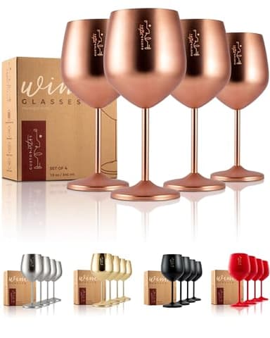 Gusto Nostro Lot de 4 verres à vin en acier inoxydable – 532 ml – Verres à vin incassables or rose pour voyage, camping et piscine – Verre à vin en métal portable unique et cool pour l'extérieur, les