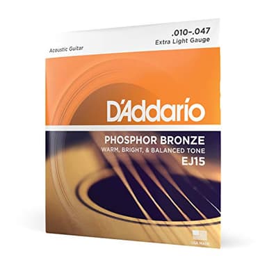 D'Addario Cordes Guitare Acoustique | Corde Guitare Folk | EJ15 | Cordes en bronze phosphoreux pour guitare acoustique avec revêtement | Très Léger 10-47