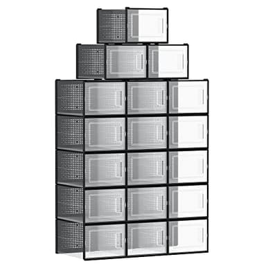 SONGMICS BoÎtes À Chaussures, Lot de 18, Rangement Chaussures, Pliable, pour Pointure jusqu’À 46, Transparent et Noir LSP007B18