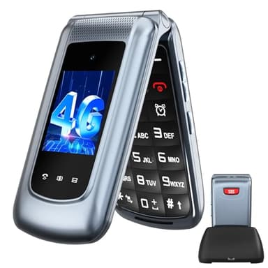 4G Telephone Portable Senior Débloqué | Téléphone Portable à Clapet avec Grandes Touches | Double Écran 2,4 "+1,77 " | Double Nano SIM| Annonces Vocales | Caméra | Bouton SOS|Station de Charge| Gris