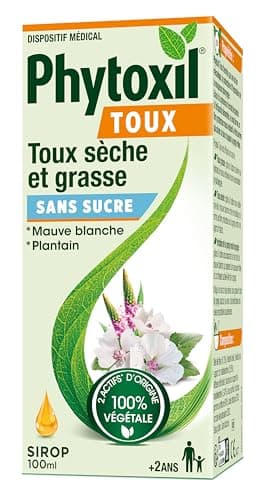 PHYTOXIL TOUX SANS SUCRE - Sirop 100ml - Dispositif médical - Soulage la toux sèche et toux grasse - Extrait de plantain* et de mauve blanche* (*2 actifs d'origine 100% végétale) - A partir de 2 ans​