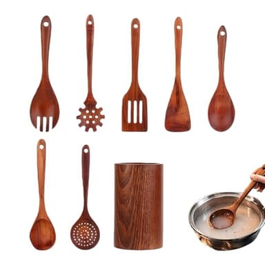 Ensemble d Ustensiles de Cuisine, Resistant a la Chaleur Spatules et Louche, Ensemble D'Ustensiles De Cuisine En Bois, Pour En Intérieur Extérieur Maison