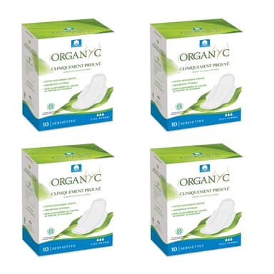 Organyc, Serviettes Hygieniques Avec Ailettes 100% Coton Bio Certifie - 4 Packs De 10 Serviettes (Total: 40 Unites)