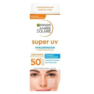 GARNIER Ambre Solaire - Fluide Super UV - Crème Solaire Visage SPF 50+ - Hydratation 24H - Acide Hyaluronique & Vitamine E - Vegan & Cruelty Free - Tous Types de Peaux - Homme/Femme - 40 ml