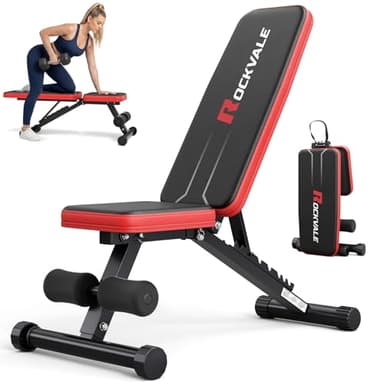 Rockvale Banc de Musculation Réglable, 9 Positions – Banc Pliable Fitness Incliné, Plat et Décliné, Banc d’Haltères Compact en Acier pour Entraînement Complet à Domicile (Rouge Supérieur)