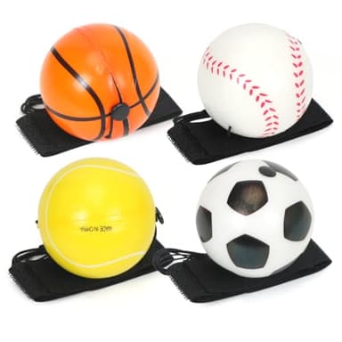 Balle de Retour Poignet, Balles de Bande de Poignet, 4 Pièces Balle Sautant avec Ficelle(Football, Basket-ball, Baseball, Softball), Balles sur Corde élastique, Pour les Jeux et les Entraînements