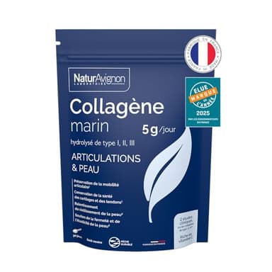 Collagene marin hydrolysé type 1, 2&3 | Articulations | Peau I Vitamine C I Collagene marin poudre 5g par portion | Goût neutre I Fabriqué en France I 180g | Laboratoire NaturAvignon