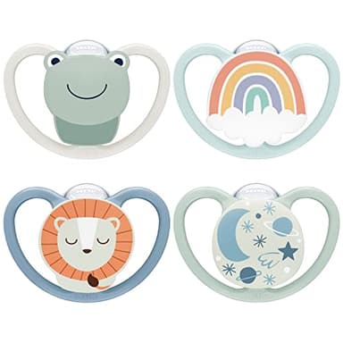 NUK Space Day & Night Tetine pour bébé | 0-6 mois | Sucettes phosphorescentes avec aérations extra-larges pour les peaux sensibles | Silicone sans BPA | Grenouille & Lion | Lot de 4