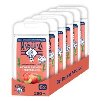 Le Petit Marseillais – Gel Douche Extra Doux Pêche Blanche Bio & Nectarine Bio (lot de 6 flacons de 250 ml) – 92 % d'ingrédients d'origine naturelle – pH neutre pour la peau et sans colorant