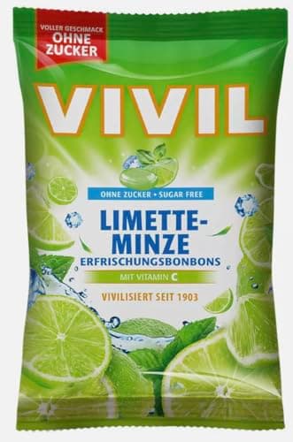 Limette Minze - Bonbons rafraîchissants goût citron-menthe, sans sucre, enrichis en vitamine C - Compatible avec Vivil - 90g