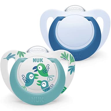 NUK Star Baby Lot de 2 tétines en silicone sans BPA - 18 à 36 mois - Apaise 99% des bébés - Motif oiseaux bleus