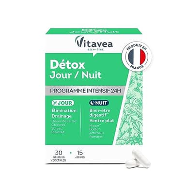 VITAVEA BIEN-ETRE - Complément alimentaire Détox 24h Jour & Nuit - Elimination Digestion Drainage - Sureau Chlorella Curcuma Bouleau Queue de cerise Artichaut - 30 comprimés - Fabriqué en France