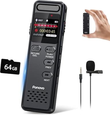 96Go Enregistreur Vocal Numérique, Ponovo 100H Enregistrement Continu Dictaphone Audio 1536Kbps Activation Vocale avec Micro, 1100mAh Mini Enregistreur Portable avec Mot de Passe pour Interview Class