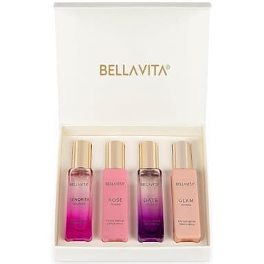 Bellavita Coffret cadeau de luxe pour femme avec date, senorita, glamour et rose | Coffret cadeau (4 x 20 ml) | Parfum pour femme | Choix de cadeau pour anniversaire et anniversaire de mariage