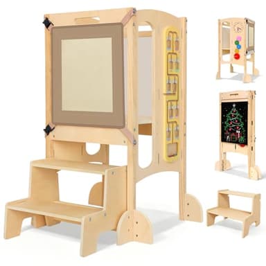 SOFTHOM Pliable Tour d'apprentissage, 5 en 1 Tour d'apprentissage pour Enfants, Montessori Tour d Observation en Bois,Réglable en Hauteur, avec Tableau Noir, Jouets magnétiques, Pré-assemblé