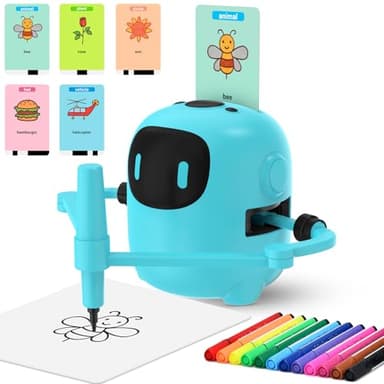 Ruycllo Robot Dessinateur Interactif Enfant - Robot éducatif avec 100 Cartes & Stylo, Robot Enfant Parlant Anglais Rechargeable Type-C - Jouet créatif 3 à 10 Ans Garçons Filles(Bleu)