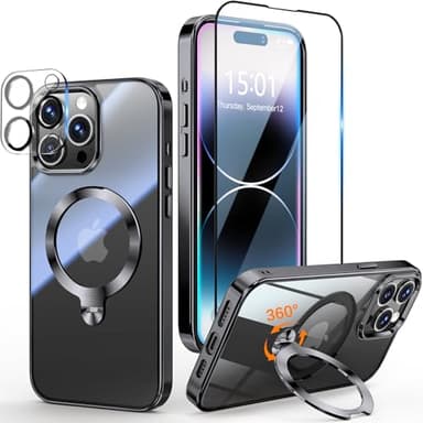 Yoouther 3 en 1 Coque pour iPhone 14 Pro Max 6.7" [Coque Magnétique Puissant pour MagSafe] [360° CD Support Rolatif] [avec Protection Caméra & Écran] Coque Antichoc Électroplaquée, Noir