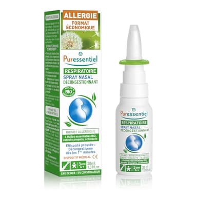 Puressentiel - Spray Nasal Décongestionnant Allergie aux Huiles Essentielles Bio - Traitement Rhinite Allergique et Sinusite - Eau de mer, Propolis, Echinacée - Fabrication française - Blanc - 30 ml