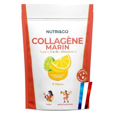 NUTRI & CO Collagene Marin Poudre Types 1, 2, 3 + Vitamine C, Breveté Naticol® & Cartydiss®, Peau Hydratée Soutien Articulaire, Peptides Hydrolysés 2000 DA, 180g Goût Citron 30jrs, Fabriqué en France