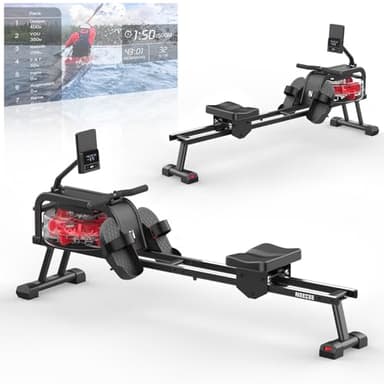Neezee Rameur d'eau pour la maison avec moniteur LCD professionnel et support de tablette, rameur d'eau avec application Kinomap immersive expérience d'aviron, charge maximale 160 kg