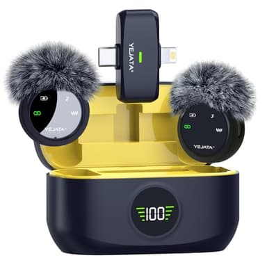 YEJATA Microphone sans Fil 2-en-1 pour iPhone et Android, Mini Microphone à réduction de Bruit avec étui de Charge de 40 Heures, Rabat magnétique et Pince d'interview, portée de 25 mètres