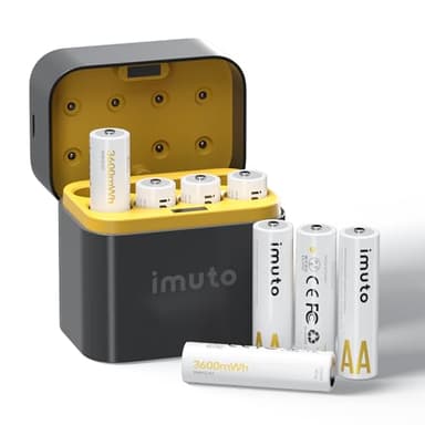 imuto Rechargeables Piles AA 1,5V Lithium（Lot de 8 Piles and Chargeur de Batterie） 3600mWh,1600 Cycles, adaptées aux appareils Photo numériques,pour Le Sport et à l'extérieur
