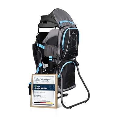 DROMADER Porte-Bébé Randonnée - Sac à Dos Porte Bébé Confortable Dorsal jusqu'à 22kg avec Pare-Soleil, Protection Pluie, Poche Isolante, Matelas à Langer - Cadre Pliable à Une Main - Noir et Bleu