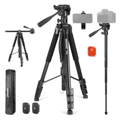 NEEWER Trépied Vidéo Monopode 74,4" avec Tête Panoramique & Poignée à 3 Directions,Support Trépied en Métal Robuste avec Support Phone & Adaptateur Compatible avec GoPro DJI iPhone,Charge 17,6lb,TP05