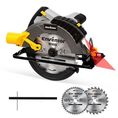 ENVENTOR 1650W Scie Circulaire, 5500RPM Scies Circulaires Électriques Filaire, Moteur Puissant, coupe 62 mm (90 °), 46 mm (45 °), (Diamètre de Lame de Scie : 185 mm), pour Bois, PVC