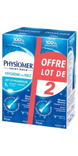 Physiomer Jet Dynamique - Spray nasal 100% eau de mer - Dispositif médical - Hygiène du nez - Dégage le nez - Facilite l’élimination du mucus - à partir de 6 ans - Lot 2-Format 135ml