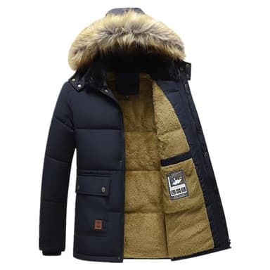 ANUFER Hommes Thermique Hiver Veste Parka Doublure épaisse en Peluche Coton Rembourré Manteau avec Capuche de Fourrure Détachable SD5A0831 Bleu Marine XL