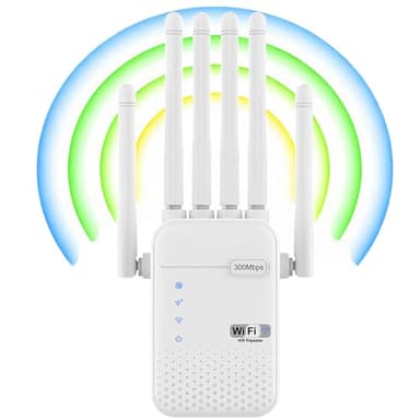 Repeteur WiFi Puissant, Amplificateur WiFi, Portée Jusqu‘à 1200 m² pour 50 Appareils, Répeteur WiFi avec 6 Antennes, 2 Ports Ethernet, Compatible avec Tous Les Routeurs, pour Maison et Bureau
