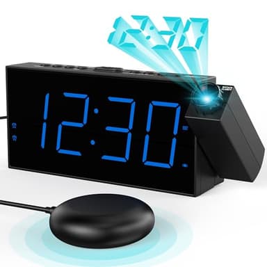 Mesqool Réveil à projection pour chambre à coucher, réveil vibrant puissant pour les personnes dormant lourd, malentendants et sourds, réveil numérique avec grand affichage LED, batterie de sauvegarde