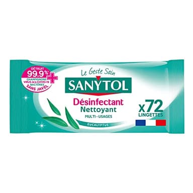 Sanytol - Lingettes Désinfectantes Multi-Usages - Eucalyptus - x72 - Bactéricide, Virucide, Fongicide - Sans Javel, Fabrication Française, 100% Fibres d’Origine Végétale