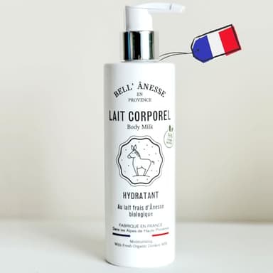 Lait corps hydratant au Lait frais d'Ânesse BIO Fabrication Française. Tous types de peau. Flacon pompe 250 ml